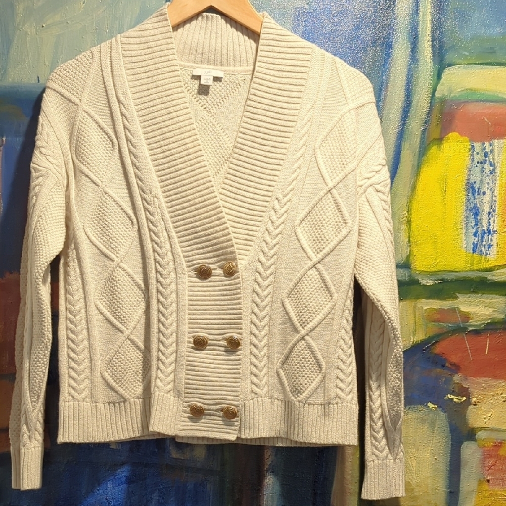 J Jill Double-Breasted Cabled Cardi In Oatmeal Heather Size Xs Petite
